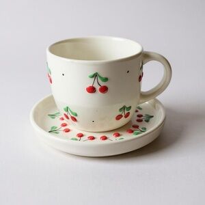Cherry Design Ceramic Cup and Saucer Set